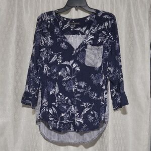 Fred David Navy White Floral With Stripes Blouse